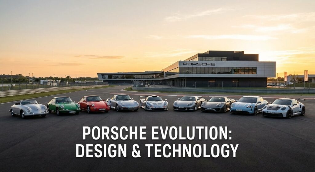 Alignement de modèles Porsche emblématiques illustrant l'évolution du design et de la technologie.