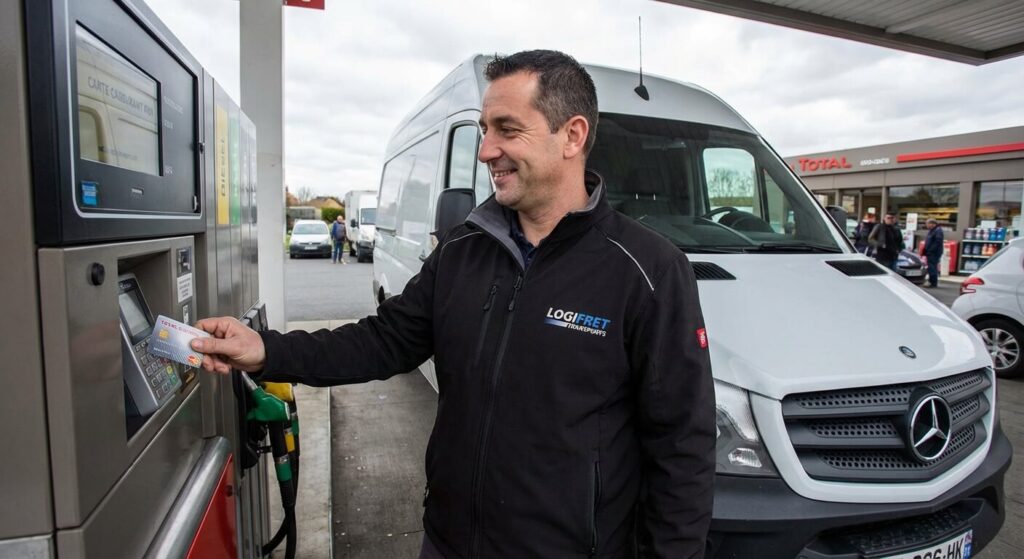 Un conducteur de véhicule de fonction utilisant une carte carburant professionnelle pour payer son plein en station-service.