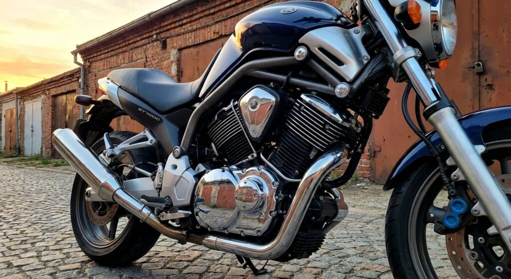 Yamaha BT 1100 Bulldog : Problèmes fréquents et fiabilité 2 Moto Yamaha BT 1100 Bulldog stationnée montrant son imposant moteur bicylindre en V