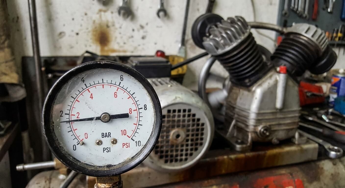 Manomètre d'un compresseur d'air affichant une pression bloquée à 2 bars pendant que le moteur tourne