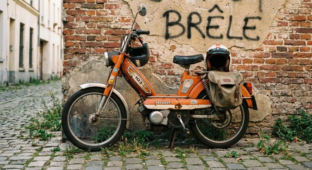 Une vieille mobylette Peugeot 103 vintage stationnée contre un mur, souvent qualifiée de "brêle"