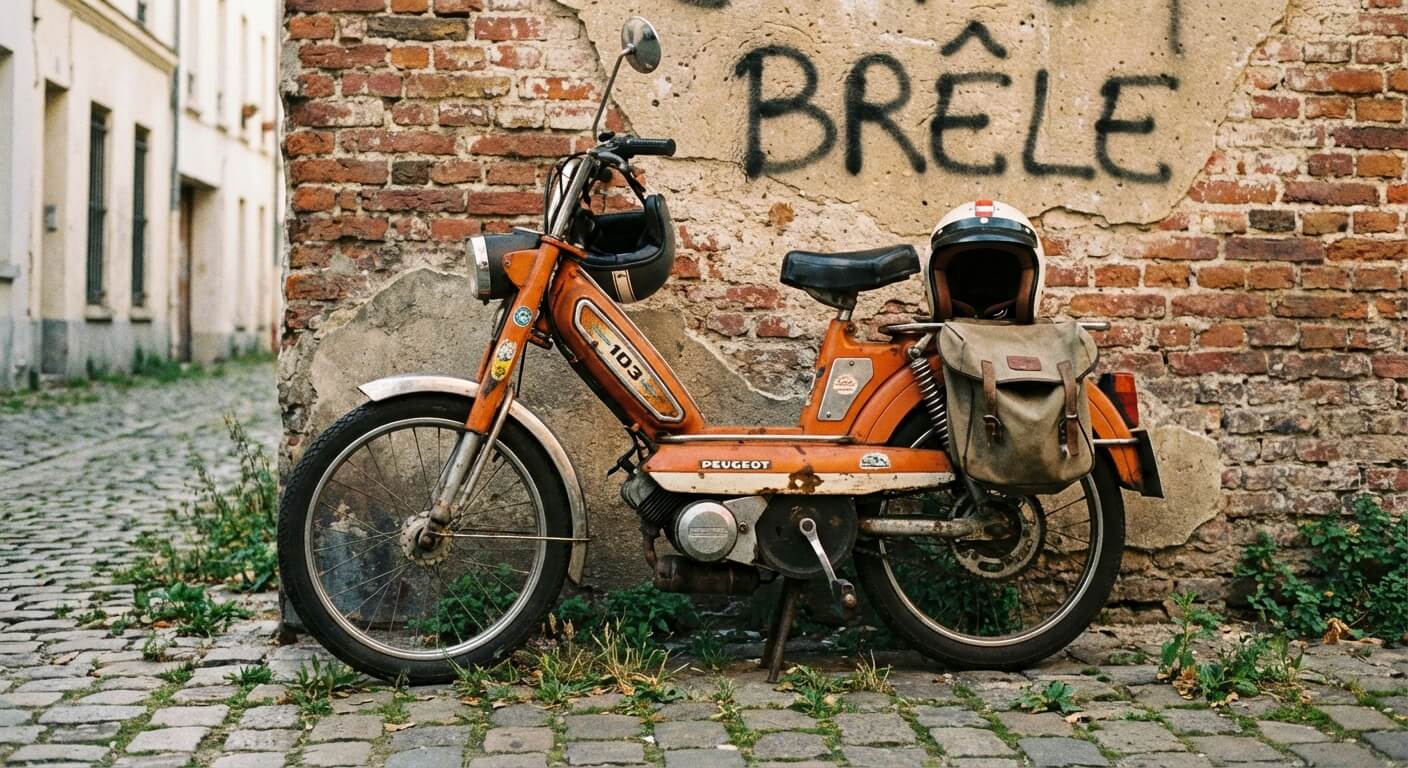 Une vieille mobylette Peugeot 103 vintage stationnée contre un mur, souvent qualifiée de "brêle"