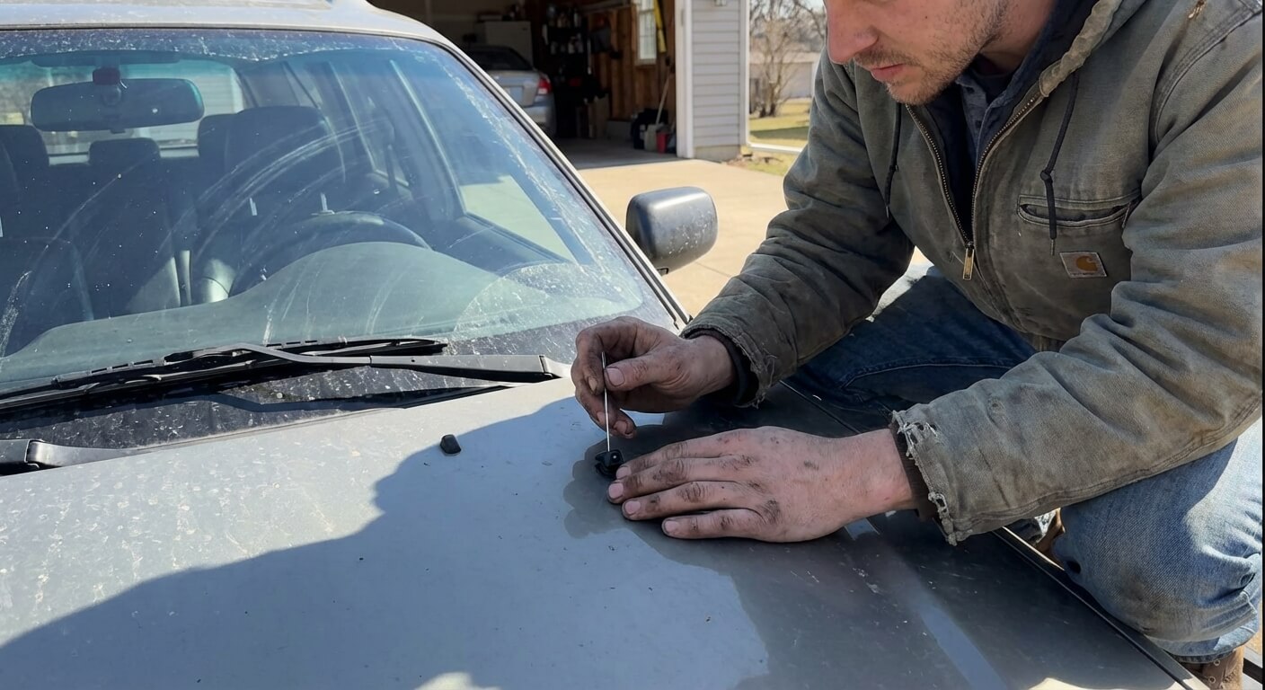 Automobiliste utilisant une fine aiguille pour libérer l'orifice d'un gicleur de lave-glace sur le capot