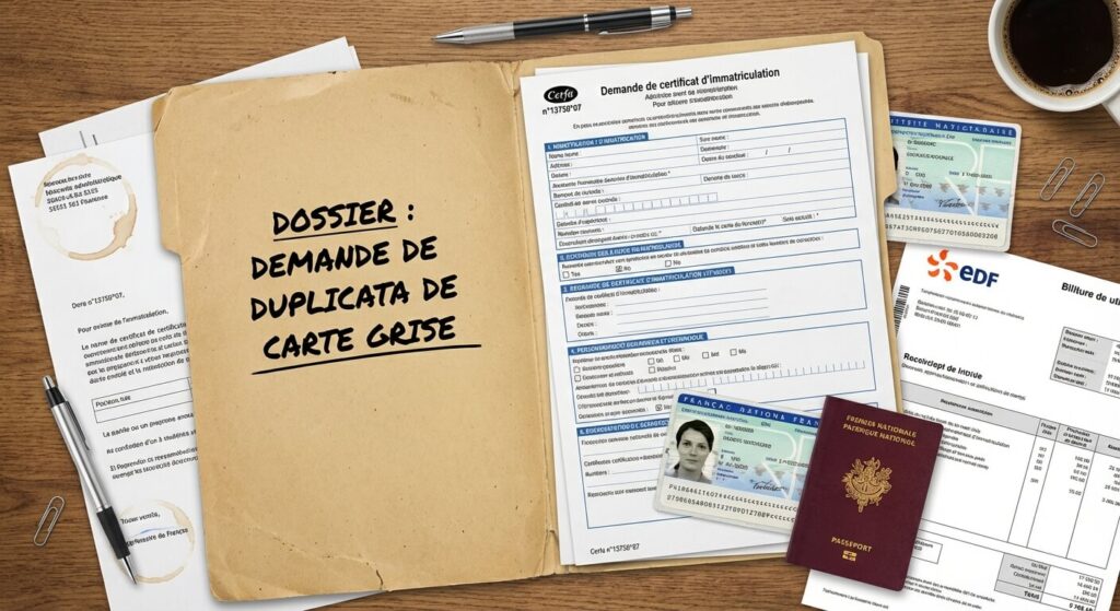 Dossier de demande de duplicata de carte grise avec formulaire Cerfa et justificatifs d'identité.