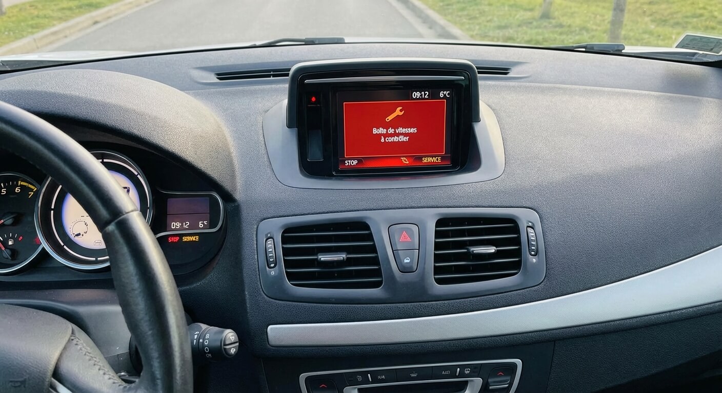 Écran d'ordinateur de bord d'une Renault Mégane 3 affichant en rouge le redouté message "Boîte de vitesses à contrôler"