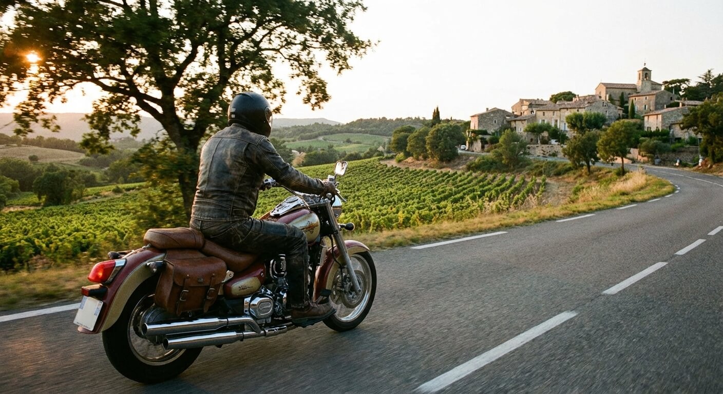 Motard au guidon d'une moto custom Daelim Daystar 125 sur une belle route de campagne