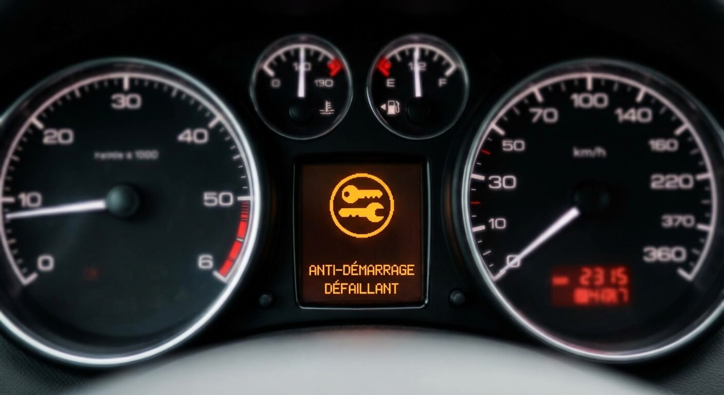 Voyant orange en forme de clé allumé sur le tableau de bord d'une Peugeot indiquant un blocage de l'anti-démarrage