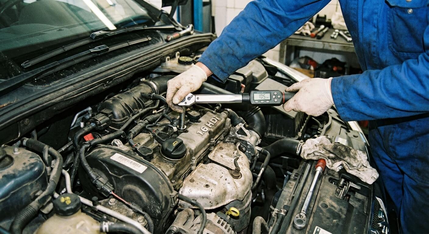 Mécanicien utilisant une clé dynamométrique de précision pour serrer la bride d'un injecteur sur un moteur 1.6 HDi