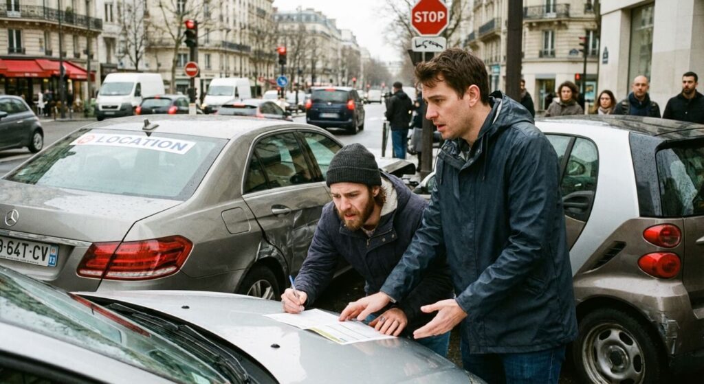 J'ai abîmé la voiture d'un ami : Que prend en charge l'assurance ? 2 Deux amis remplissant un constat amiable avec inquiétude après un accrochage avec un véhicule prêté