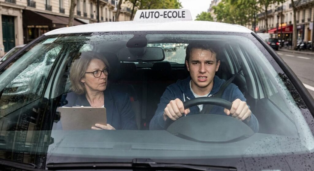 Candidat stressé au volant pendant son examen du permis de conduire