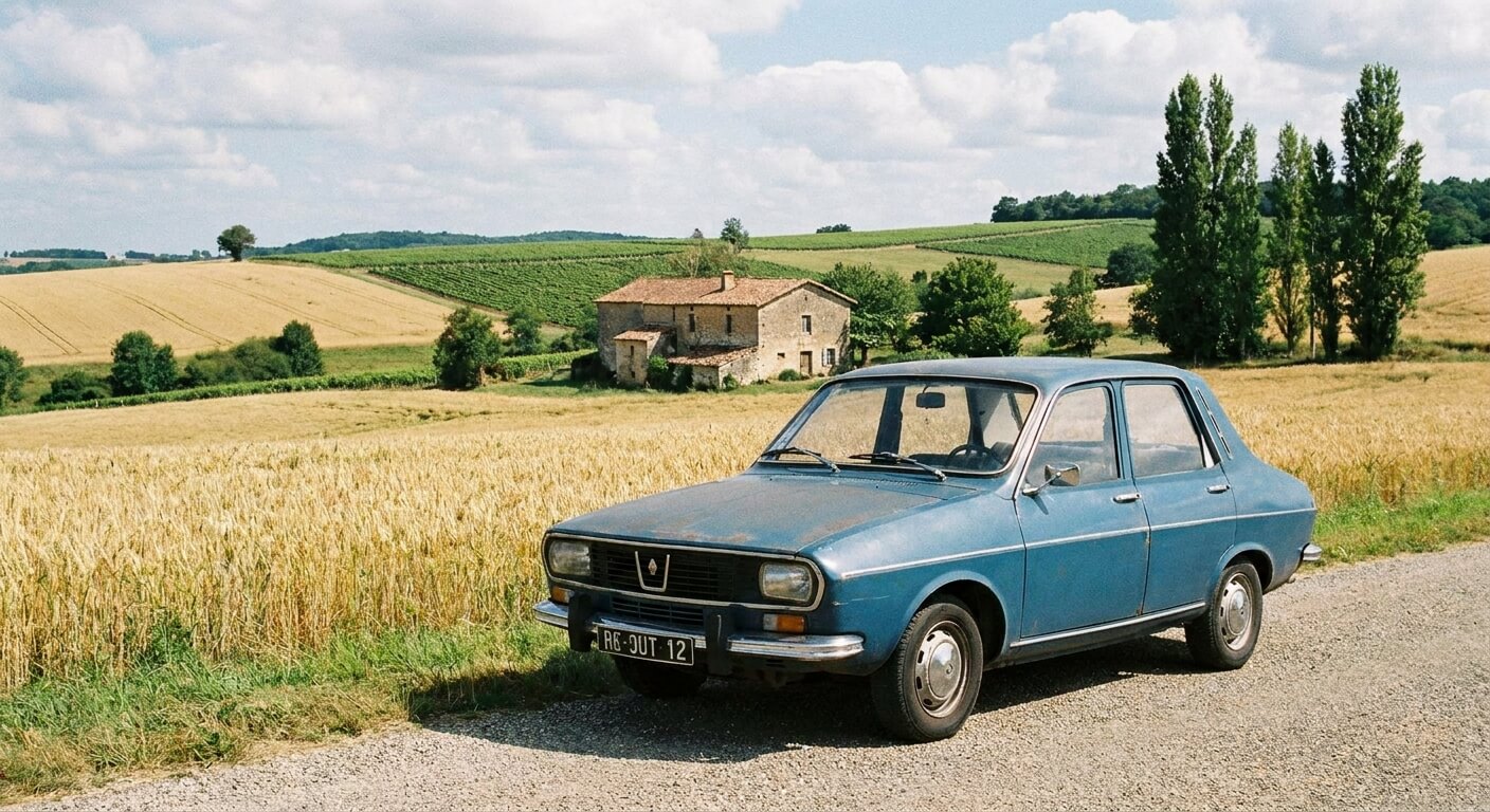 Une Renault 12 sedan bleue de collection garée devant un paysage champêtre