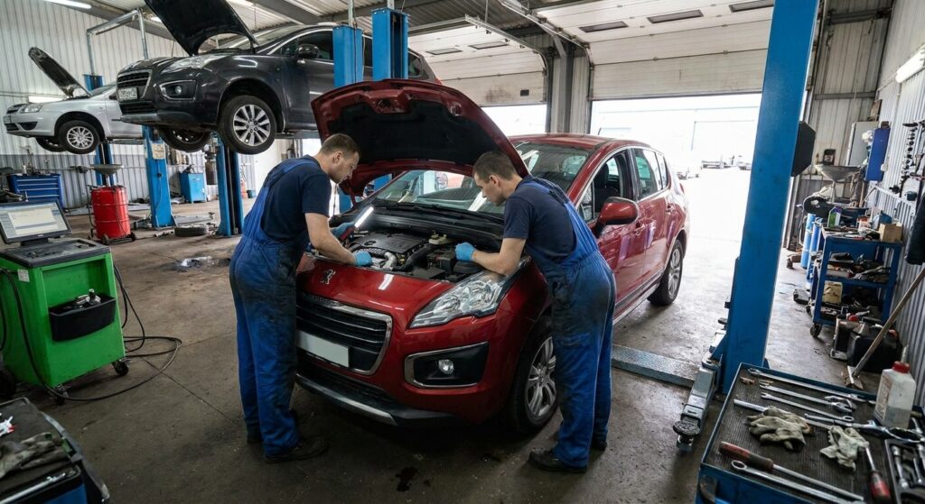 Peugeot 3008 phase 2 capot ouvert lors d'une inspection mécanique dans un garage