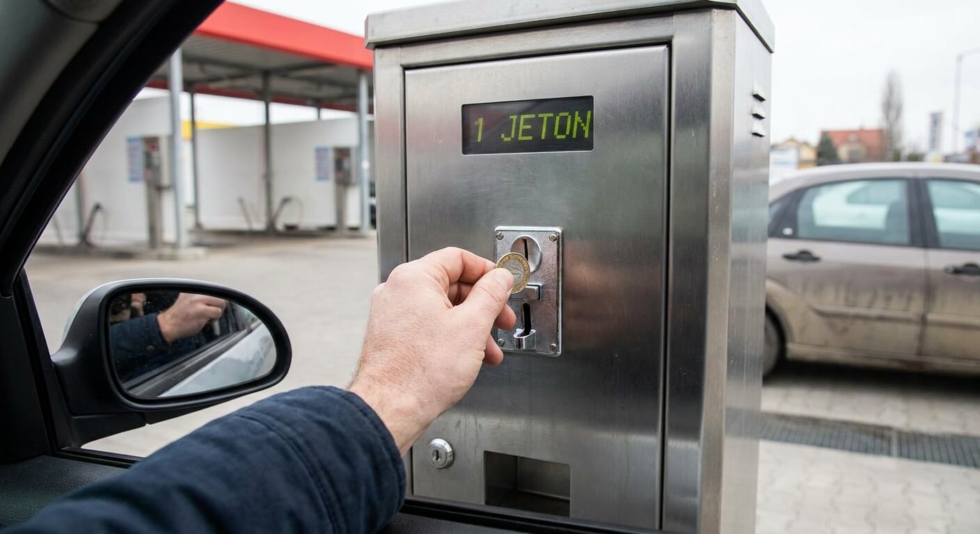 Main d'un conducteur insérant un jeton métallique dans le monnayeur d'une station de lavage