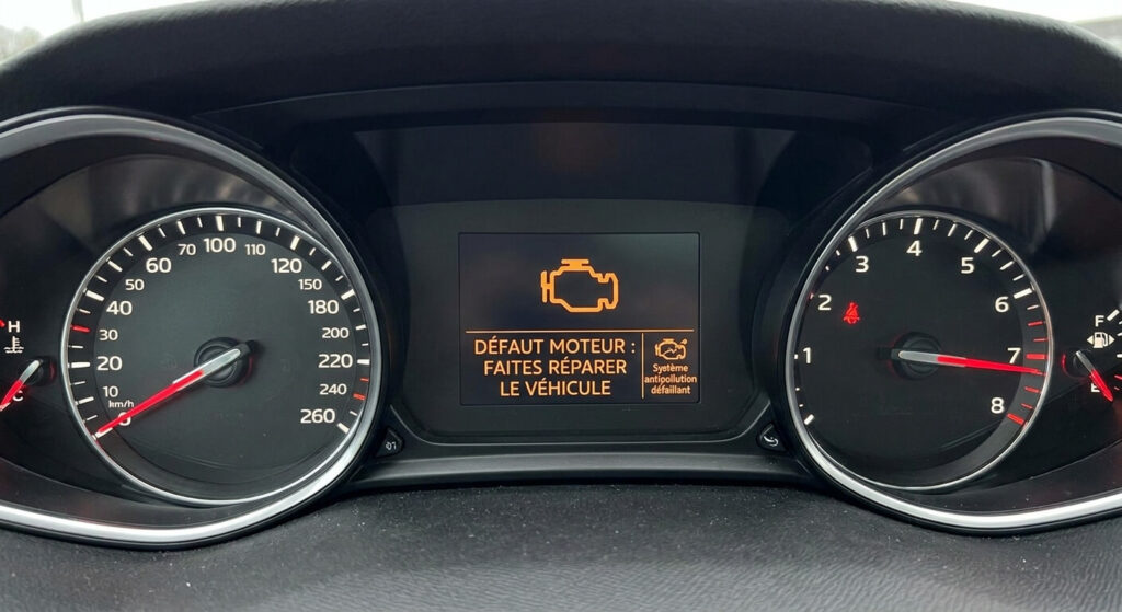 Tableau de bord de Peugeot 308 affichant un voyant défaut moteur orange lié au système antipollution