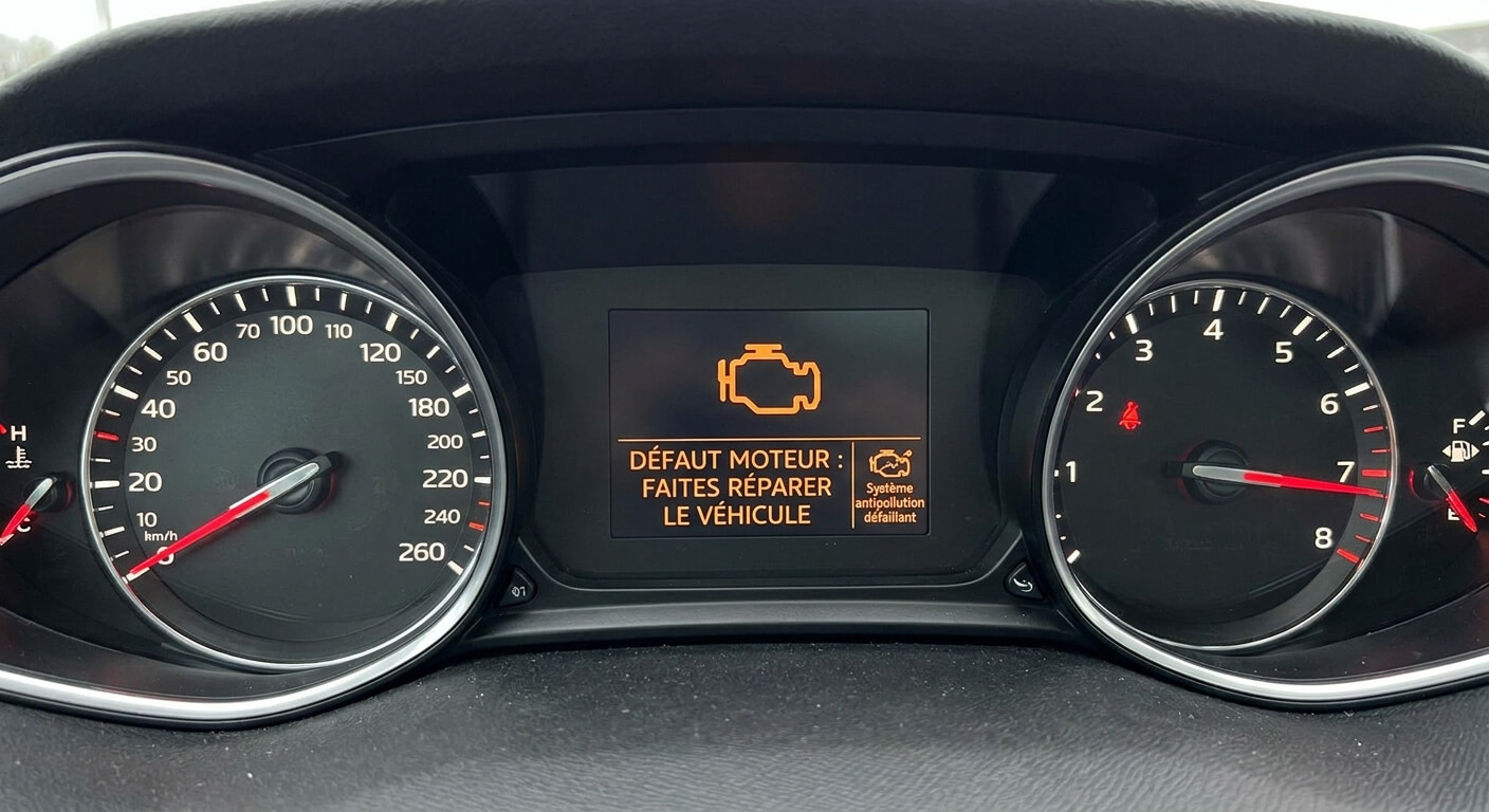 Tableau de bord de Peugeot 308 affichant un voyant défaut moteur orange lié au système antipollution