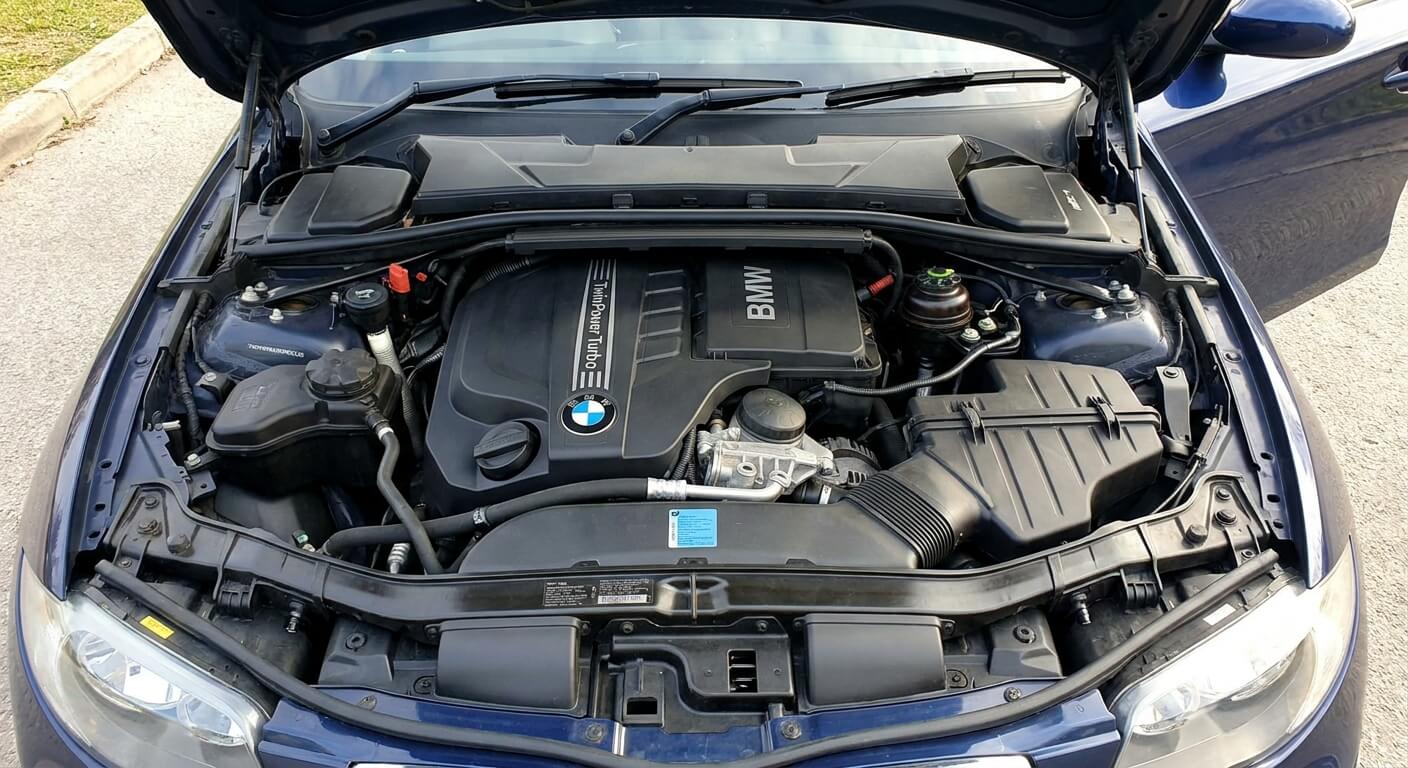 Vue d'ensemble du moteur BMW N47 sous le capot d'une série 1