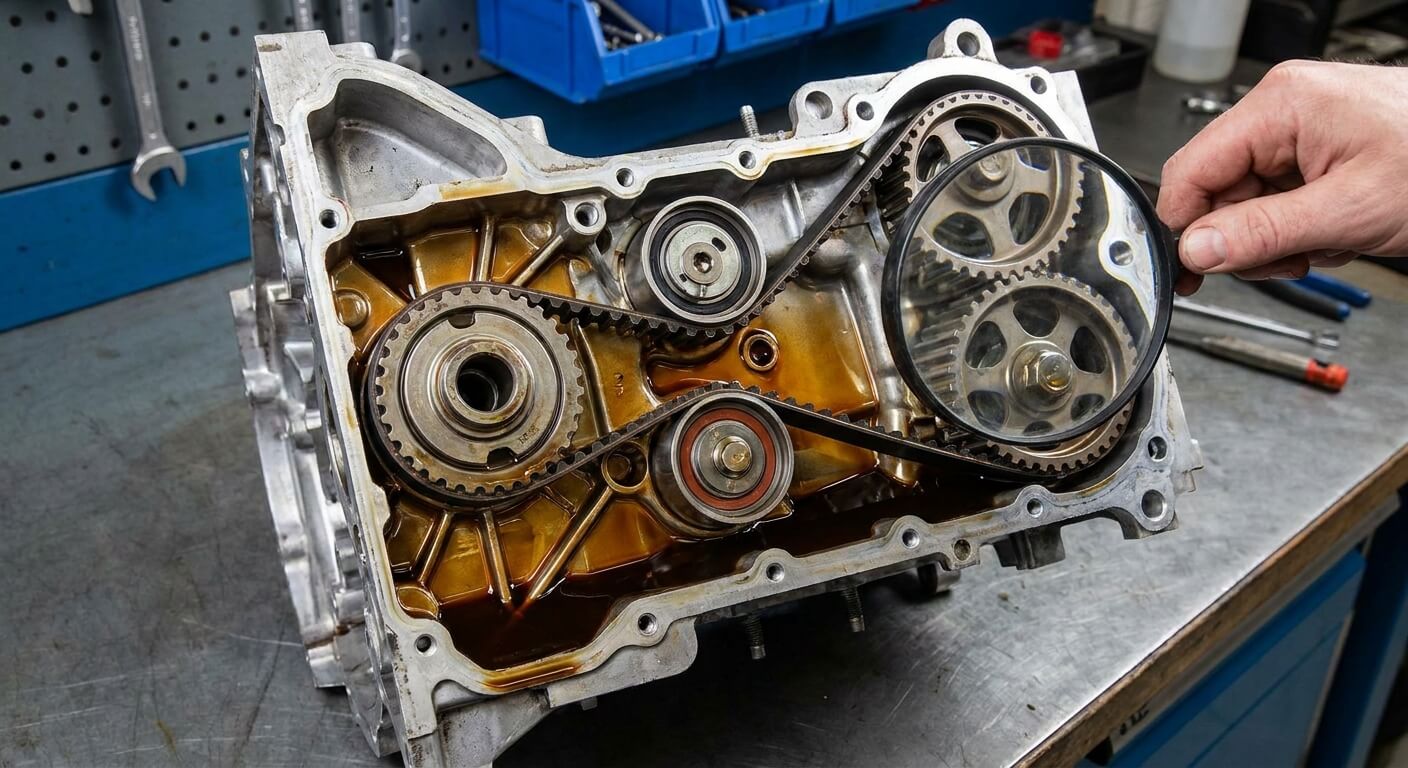 Vue détaillée du bloc moteur Ford 2.0 EcoBlue montrant les composants de la distribution immergée