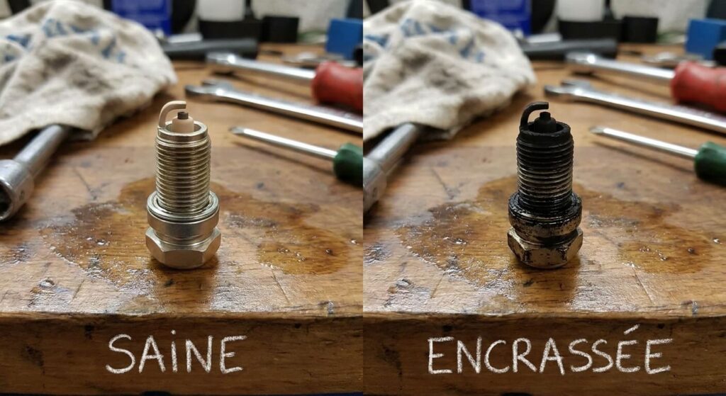 Comparaison entre une bougie moto saine et une bougie encrassée couverte de suie noire mate