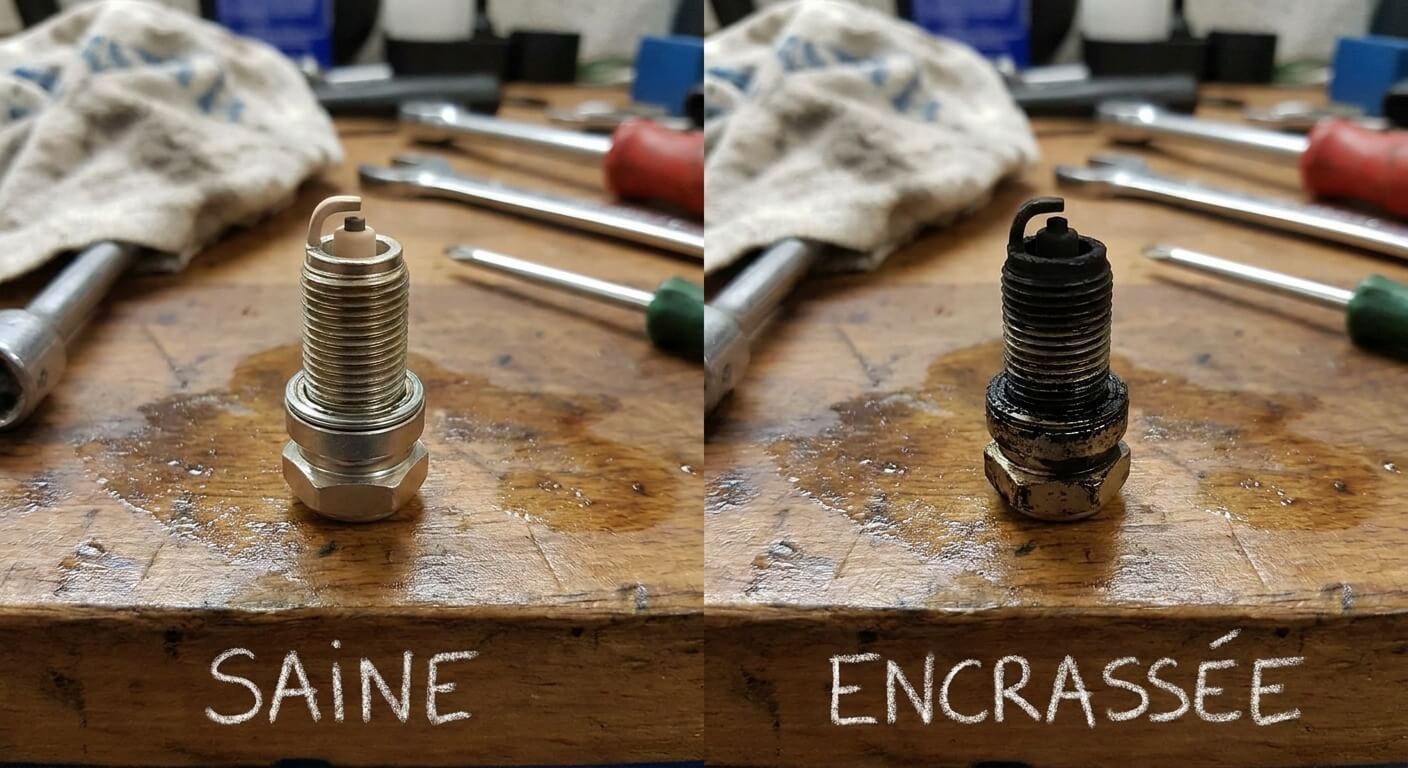 Comparaison entre une bougie moto saine et une bougie encrassée couverte de suie noire mate