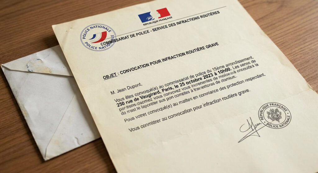 Une lettre officielle de convocation au commissariat pour une infraction routière grave.