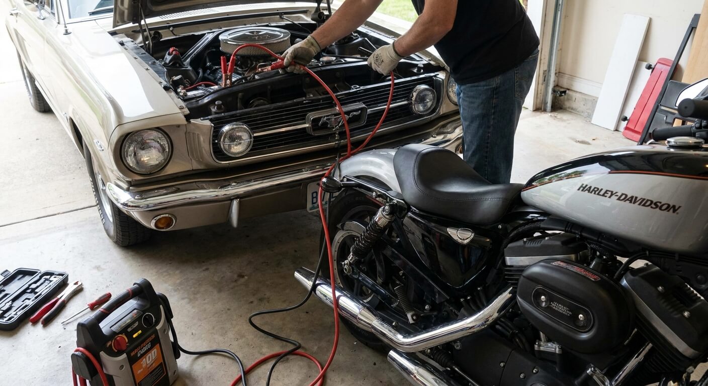 Branchement de câbles de démarrage entre une batterie de voiture et une batterie de moto.