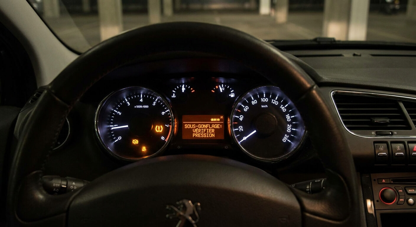 Le voyant orange de sous-gonflage allumé sur le tableau de bord d'une Peugeot 3008.