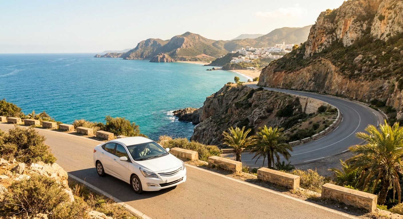 Une voiture de location roulant sur une route côtière ensoleillée offrant un magnifique panorama sur le littoral algérien.
