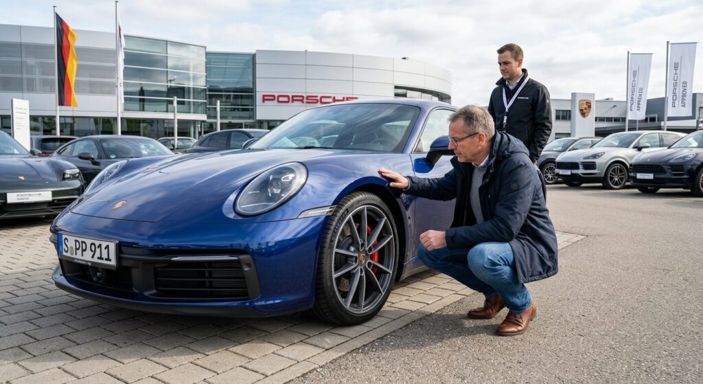 Un acheteur potentiel examine attentivement une Porsche 911 (type 991 ou 992) d'occasion dans le parc d'un concessionnaire automobile officiel en Allemagne.