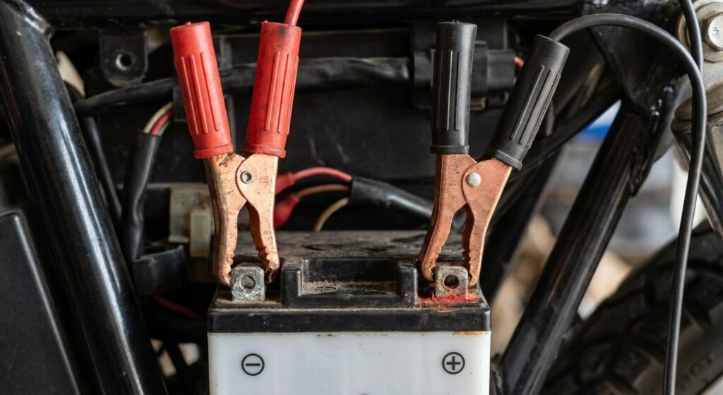 Vue rapprochée des pinces crocodiles sur les bornes d'une petite batterie de moto.