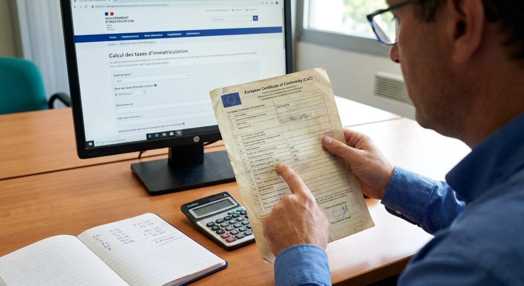 Lecture du taux de CO2 sur un certificat de conformité européen pour le calcul des taxes