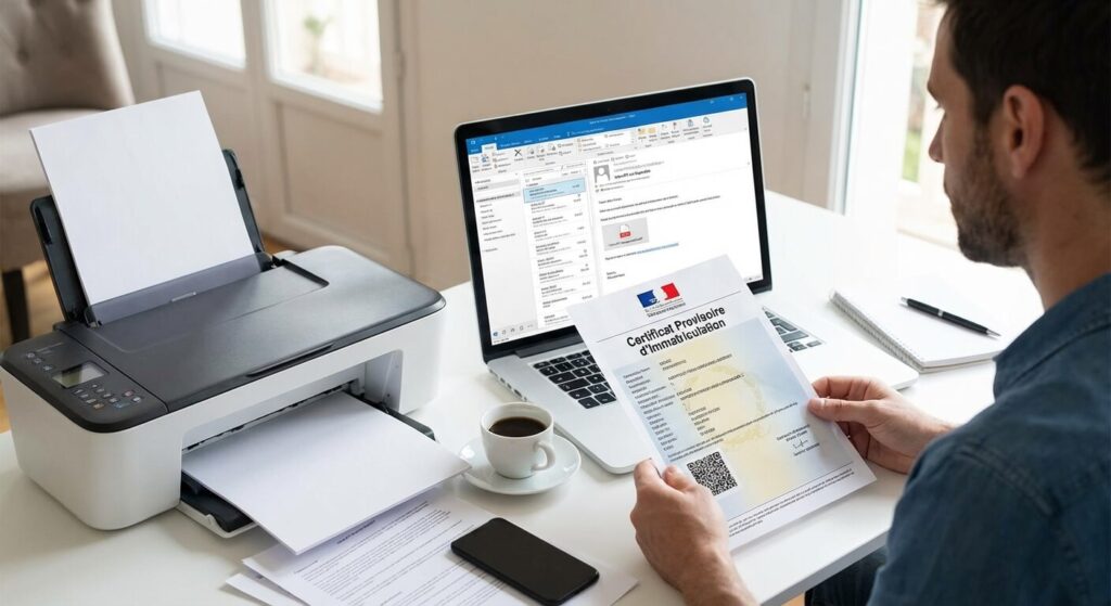 Impression d'un Certificat Provisoire d'Immatriculation reçu par mail pour circuler en toute légalité.