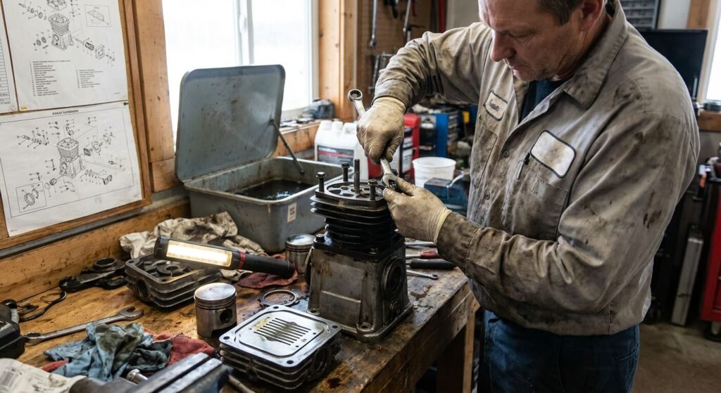 Bricoleur démontant la culasse du cylindre d'un compresseur pour inspecter les lamelles des clapets d'admission