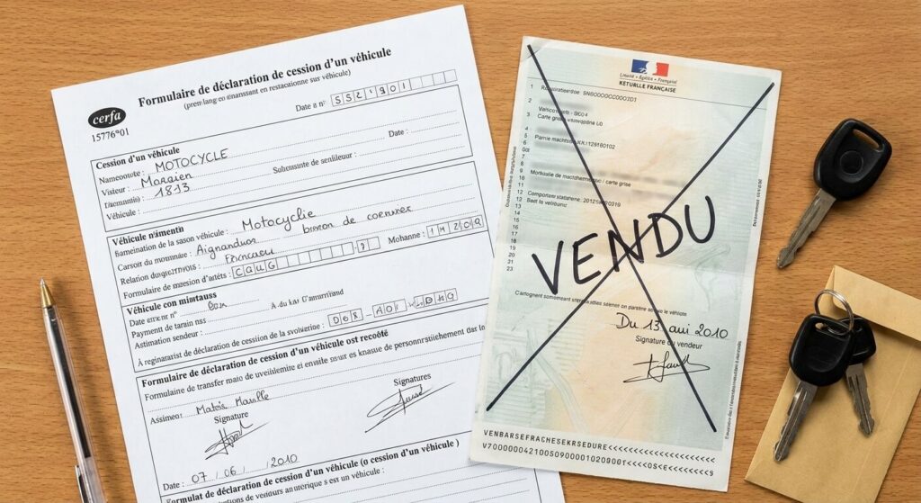 Formulaire de déclaration de cession et carte grise barrée pour officialiser le transfert de propriété d'une moto.