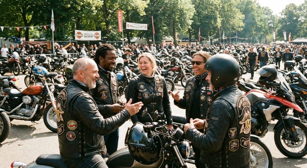 Un groupe de passionnés de deux-roues discutant joyeusement lors d'un rassemblement moto