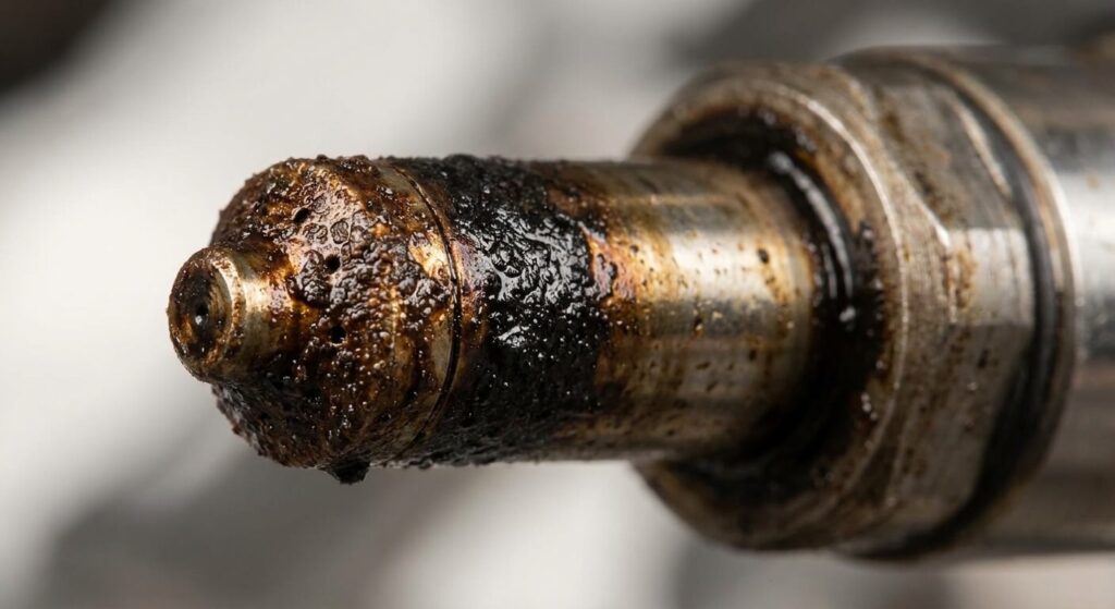 Zoom sur un injecteur de moteur Ford EcoBlue présentant des signes d'encrassement et de calamine