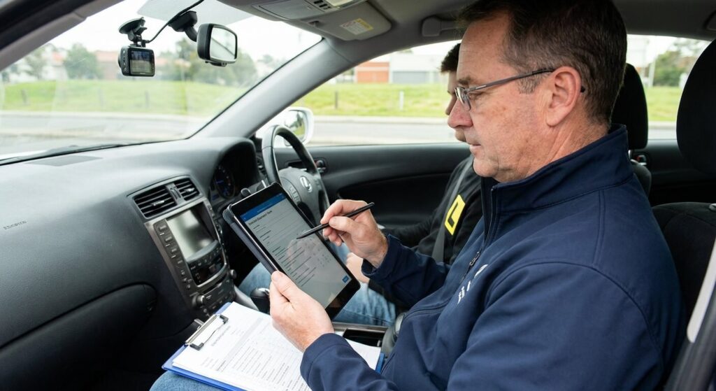 Inspecteur du permis de conduire remplissant sa tablette d'évaluation