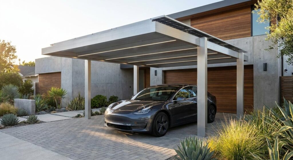 Une voiture garée sous un carport en aluminium moderne pour la protéger de la pluie et de la grêle.