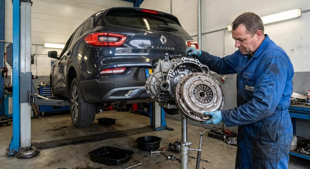 Mécanicien professionnel en train de déposer le double embrayage usé d'une boîte de vitesses EDC DC4 sur un pont élévateur