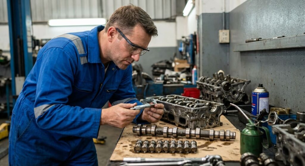 Mécanicien professionnel inspectant l'arbre à cames et les poussoirs hydrauliques d'un moteur thermique