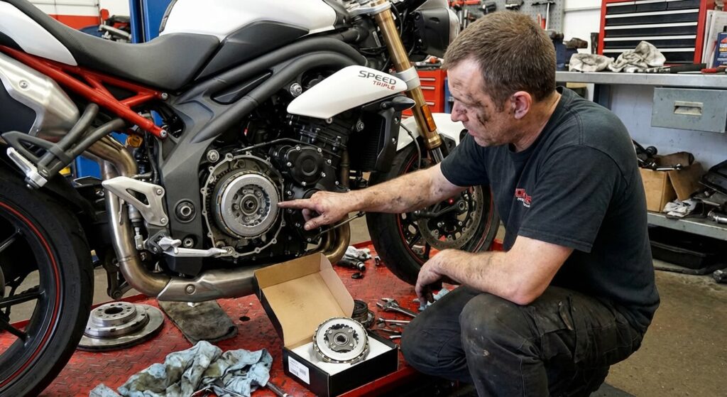 Yamaha BT 1100 Bulldog : Problèmes fréquents et fiabilité 3 Mécanicien moto inspectant le carter moteur pour remplacer la roue libre de démarreur défaillante