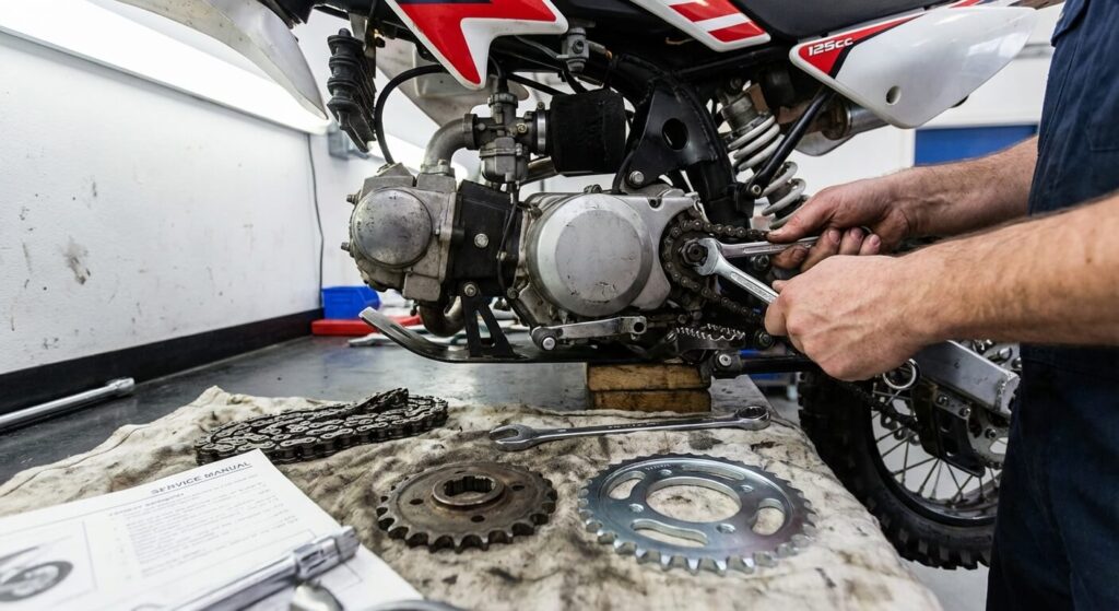 Remplacement du pignon de sortie de boîte sur une moto 125cc pour modifier la démultiplication