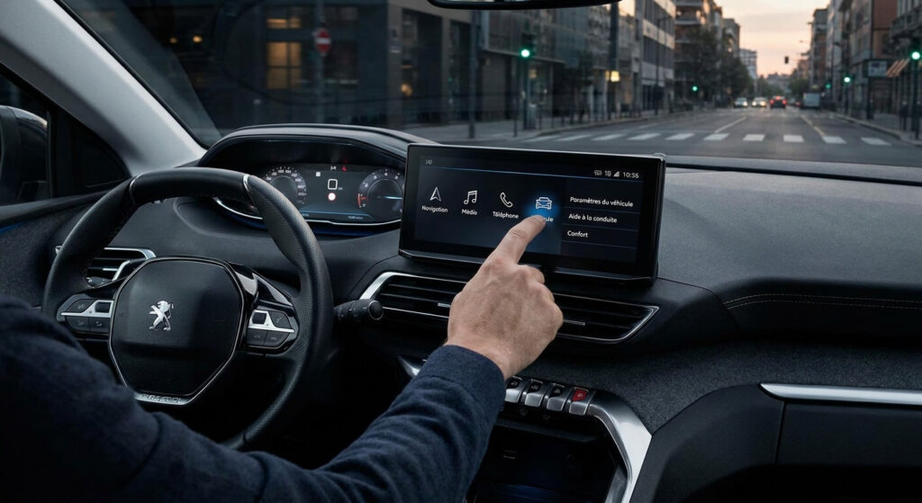 Navigation dans les menus de l'écran central d'une Peugeot 3008 pour accéder aux paramètres du véhicule.