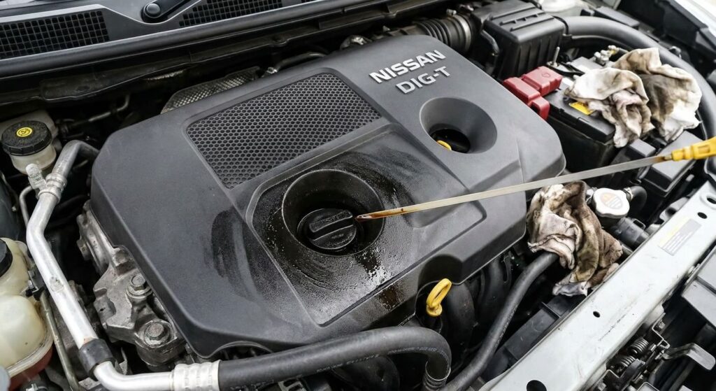 Vue du compartiment moteur 1.2 DIG-T de Nissan montrant des signes de consommation excessive d'huile