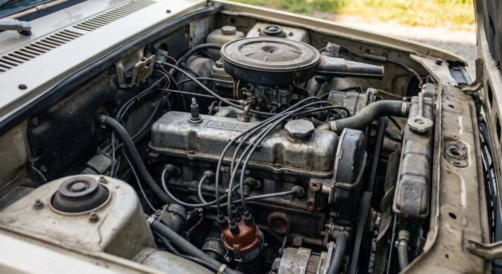 Vue détaillée du moteur Cléon-Fonte sous le capot d'une Renault 12