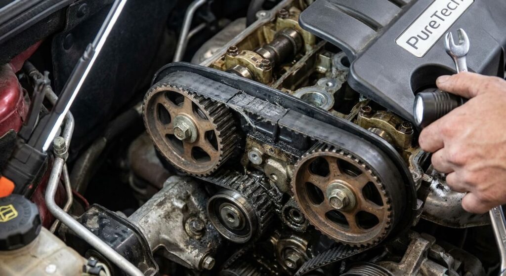 Gros plan sur un moteur PureTech montrant l'usure de la courroie de distribution
