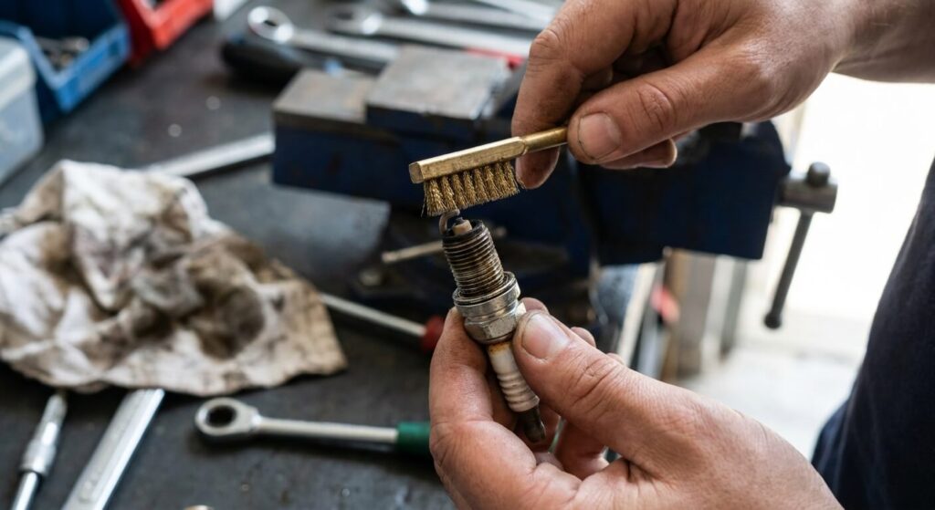 Nettoyage minutieux des électrodes d'une bougie moto à l'aide d'une brosse en laiton