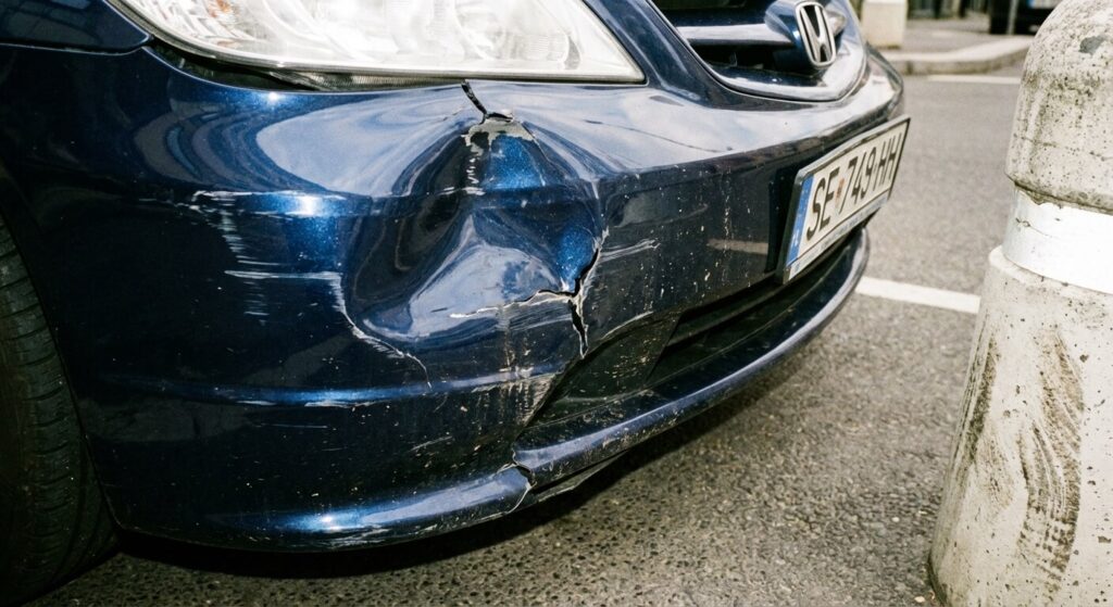 J'ai abîmé la voiture d'un ami : Que prend en charge l'assurance ? 3 Gros plan sur un pare-choc rayé et enfoncé suite à une manœuvre maladroite avec la voiture d'un proche