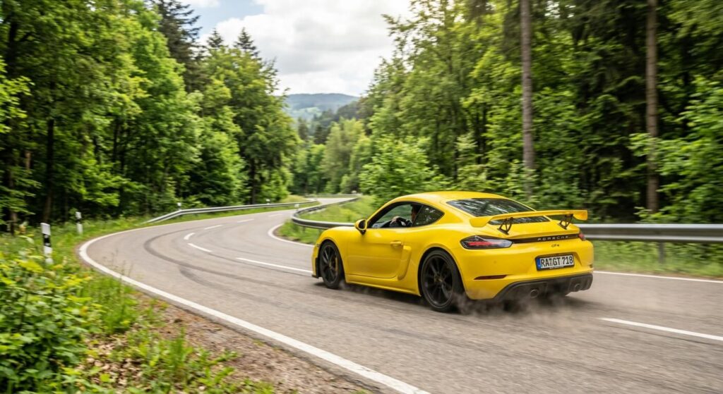 Une Porsche Cayman d'occasion, de couleur vive, roulant sur une route secondaire allemande bordée d'arbres, soulignant le plaisir de conduite.