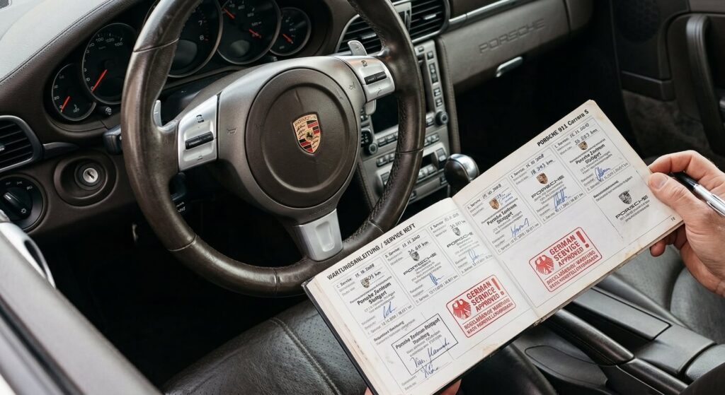 Gros plan sur le volant d'une Porsche d'occasion allemande et son carnet d'entretien tamponné, symbolisant la rigueur et le suivi germanique.