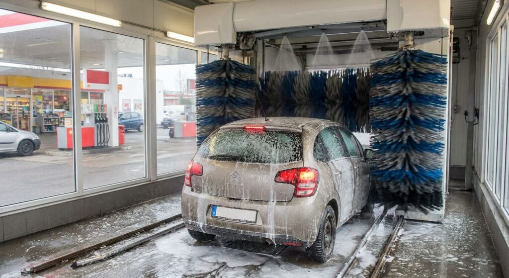 Voiture nettoyée sous les rouleaux d'un portique automatique dans une station-service
